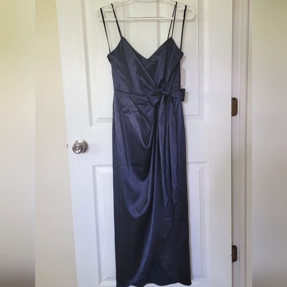 After Six Faux Wrap Stretch Satin Midi Dress w/Draped Tulip Skirt & Ribbon Ties - Picture 2 of 2